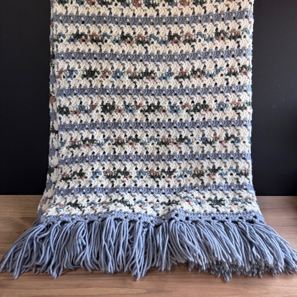 Vintage handmade crochet throw blanket muted blue and cream coastal grandma